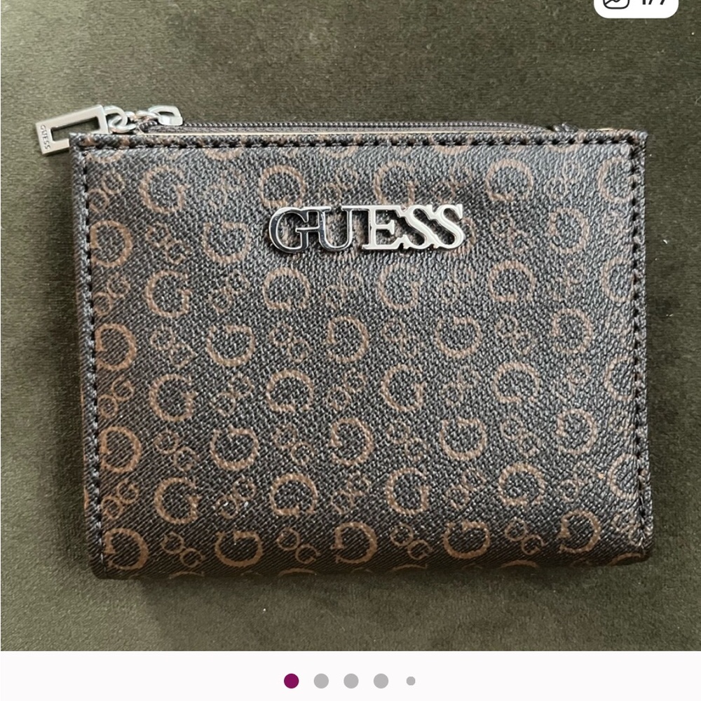 Guess Brown Logo Print Zip Card Case with Silver Hardware